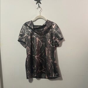 Jones Wear Stretch Abstract Palm Print Blouse - Pewter & Pink - Size 12